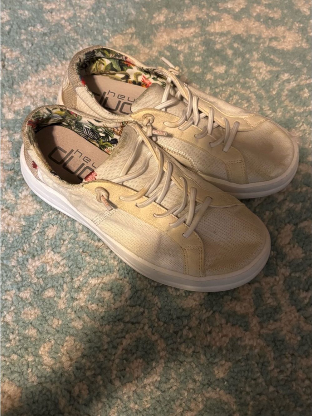 Hey Dude Cream Canvas Sneakers with Floral Print Lining Size 4Y